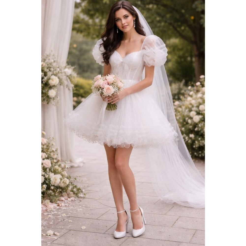 #176 MSRP $90 NWOT PUFFY SLEEVE RUFFLE BRIDAL TULLE MINI DRESS ♡SIZE 8♡